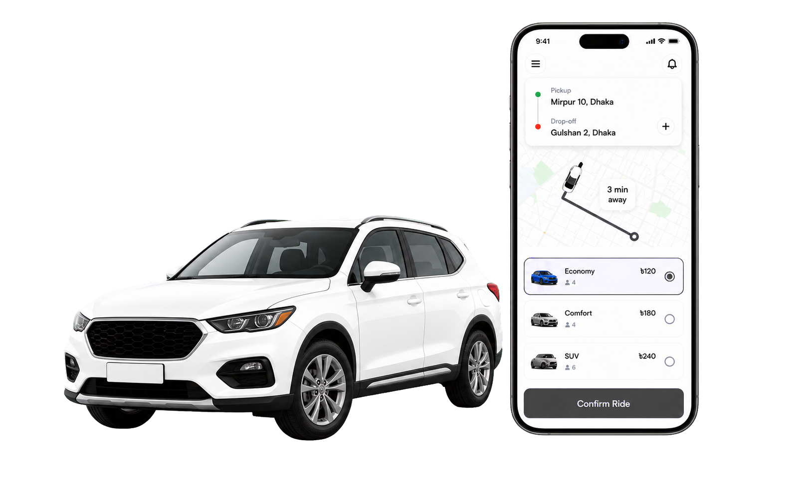 ReadyRide app preview with route map and white SUV